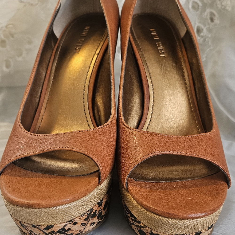 Nine West Women's Tan Peep Toe Wedges